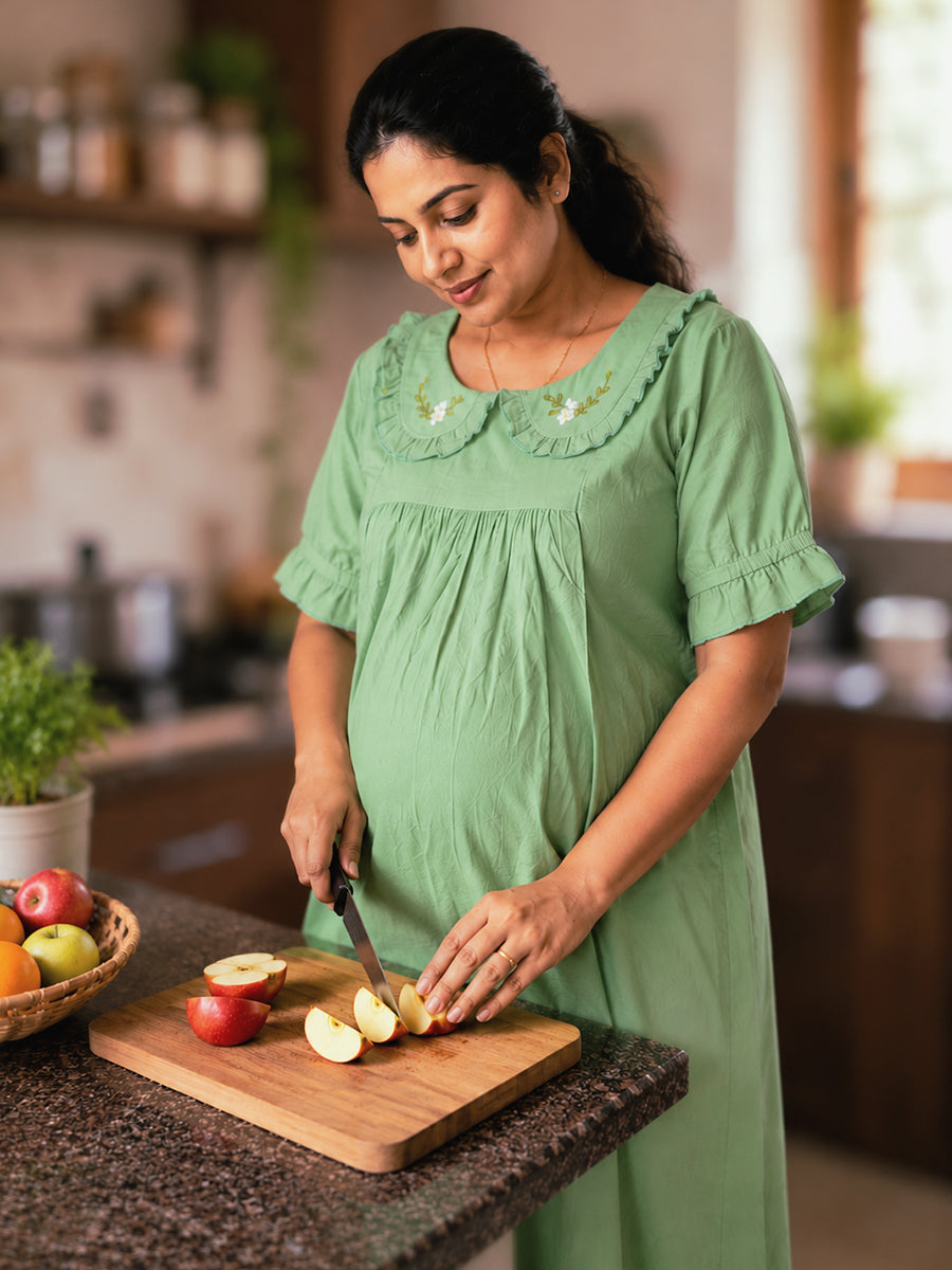 Ziva Maternity & Feeding Cotton Short Frock Nighty with Elegant Embroidered Peter Pan Collar, Invisible Feeding Zips & Pocket – Sage Green