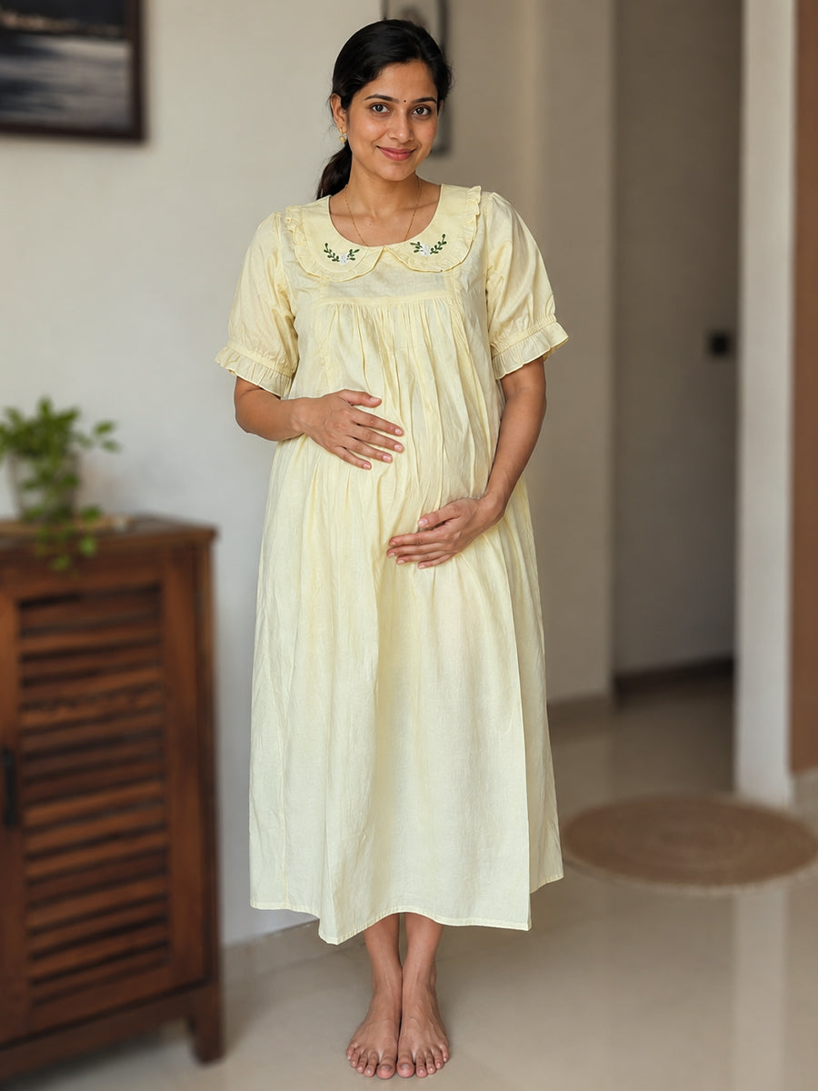 Ziva Maternity & Feeding Cotton Short Frock Nighty with Elegant Embroidered Peter Pan Collar, Invisible Feeding Zips & Pocket – Light Yellow