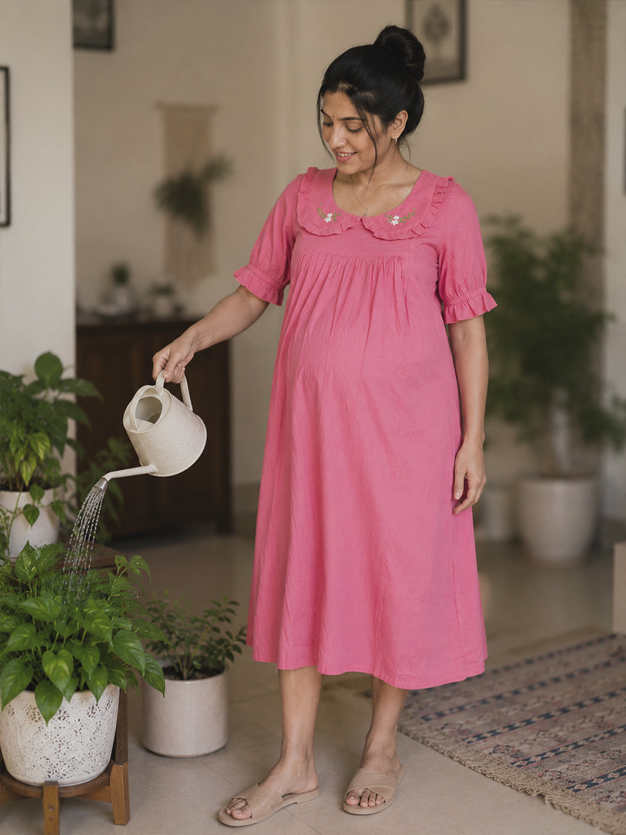 Ziva Maternity & Feeding Cotton Short Frock Nighty with Elegant Embroidered Peter Pan Collar, Invisible Feeding Zips & Pocket – Rosy Peach