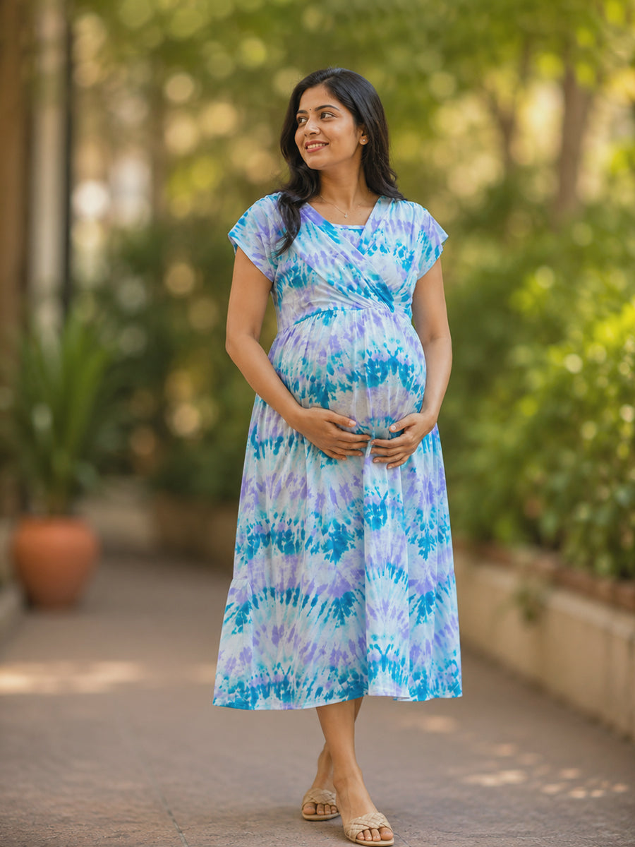 Ziva Maternity & Feeding Knitted Cotton Midi Dress with Zipless Feeding Access & Pocket – Aqua Mist & Lavender Wash Tie-Dye