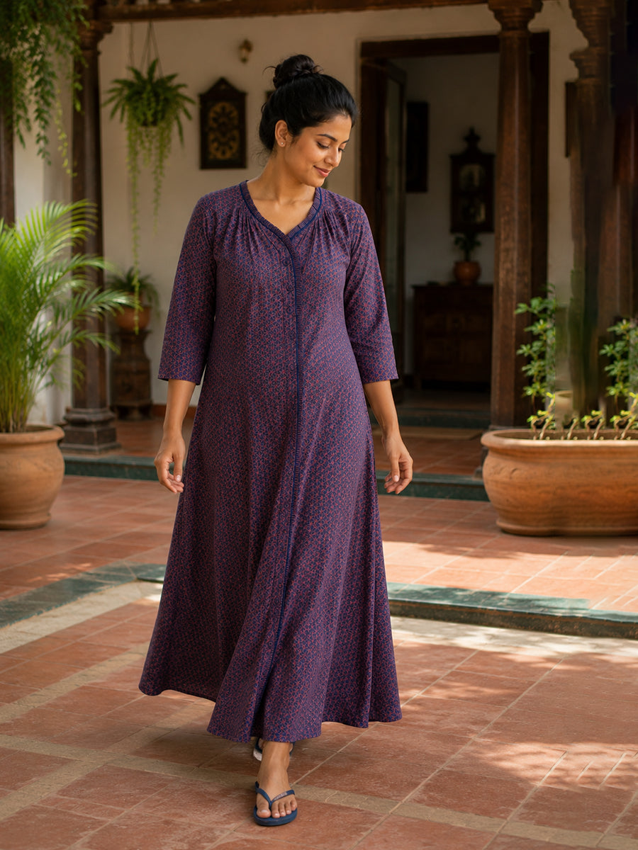 Ziva Maternity & Feeding Cotton Full Open Night Gown with 3/4th Sleeves & Decorative Frill Placket – Dusty Sky Blue Asanoha Geometric Print