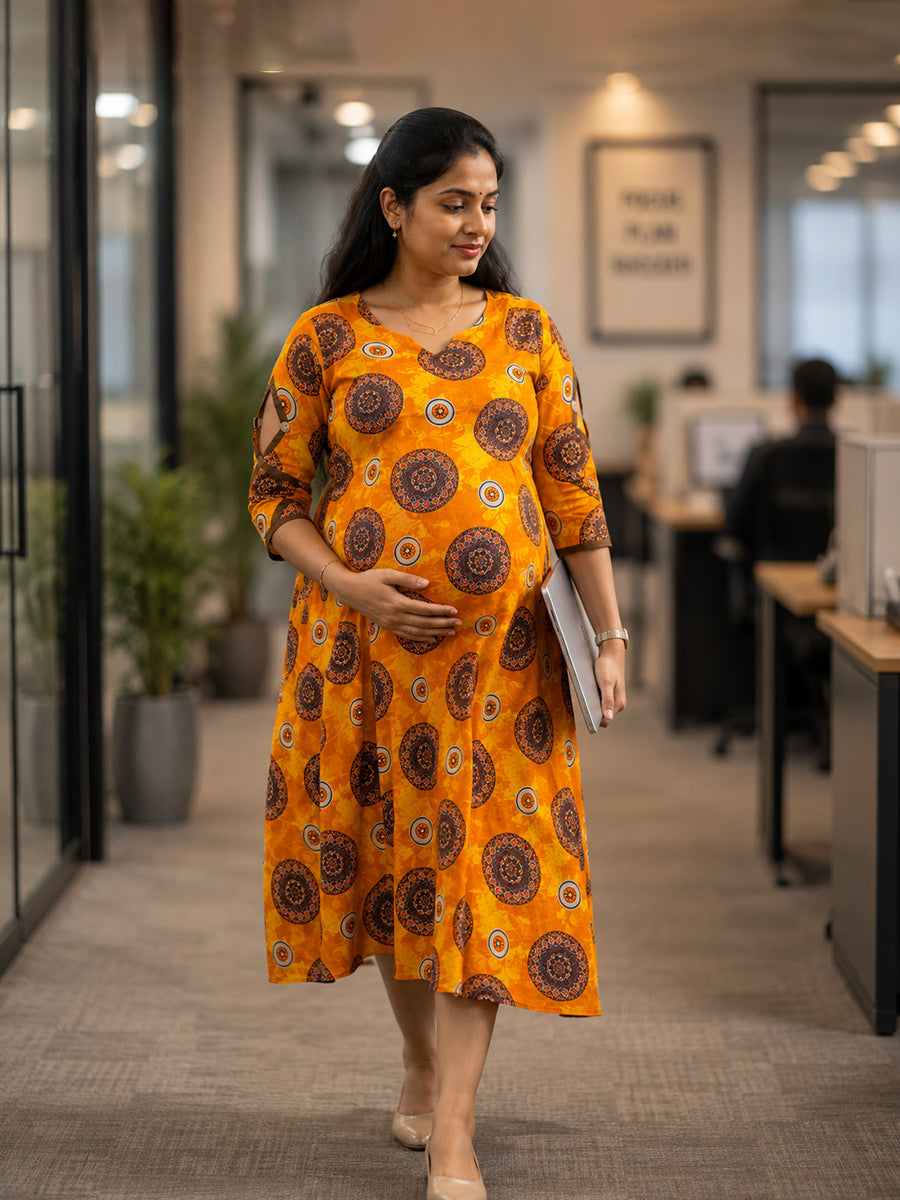 Ziva Maternity & Feeding Cotton Kurta with Double Side Feeding Zip – Mustard Marigold Ethnic Mandala Print