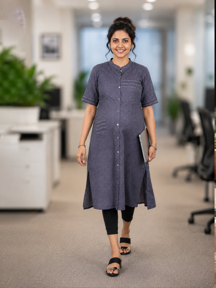 Ziva Maternity & Feeding Cotton Kurta Top with Mandarin Collar, Front Button Opening & Pocket