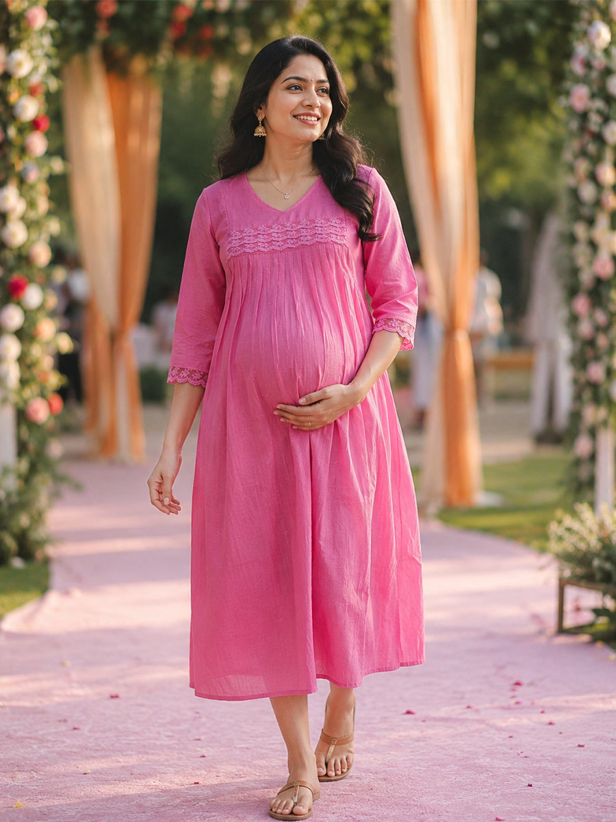 Ziva Maternity & Feeding Slub Grain Textured Dress with Invisible Feeding Zips, Crochet Lace Detailing & Pocket – Rose