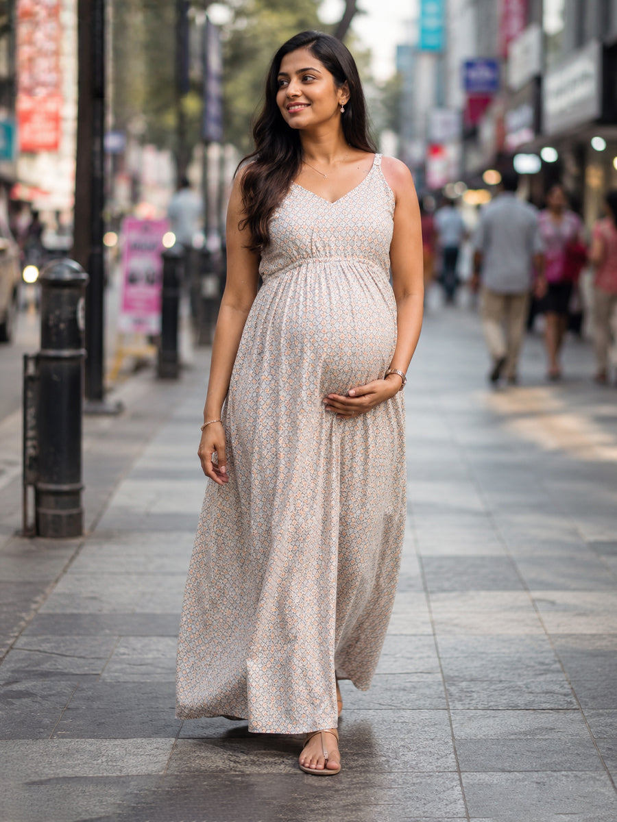 Ziva Maternity & Feeding Crushed Rayon Gown with Easy-Access Nursing Buckles & Adjustable Straps – Soft Mist Grey Geometric Floral Trellis Print