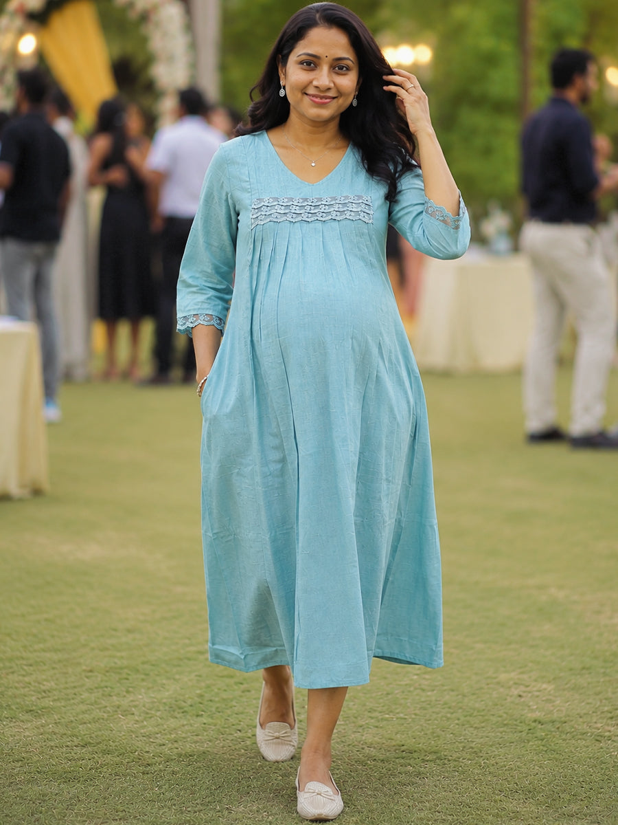 Ziva Maternity & Feeding Slub Grain Textured Dress with Invisible Feeding Zips, Crochet Lace Detailing & Pocket – Dusty Teal