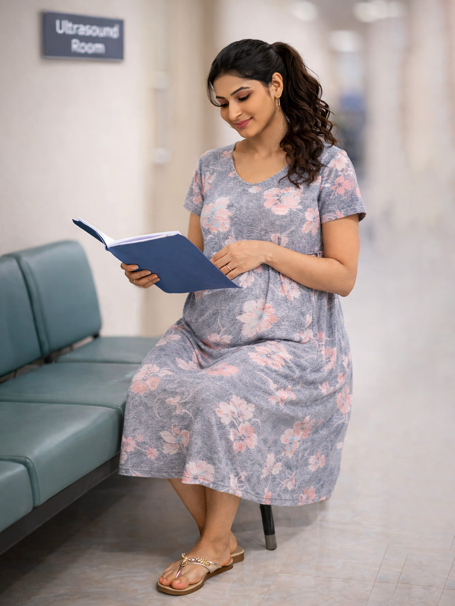 ZIVA Gray Floral Zipless Maternity & Feeding Dress with Adjustable Tie and Side Pocket