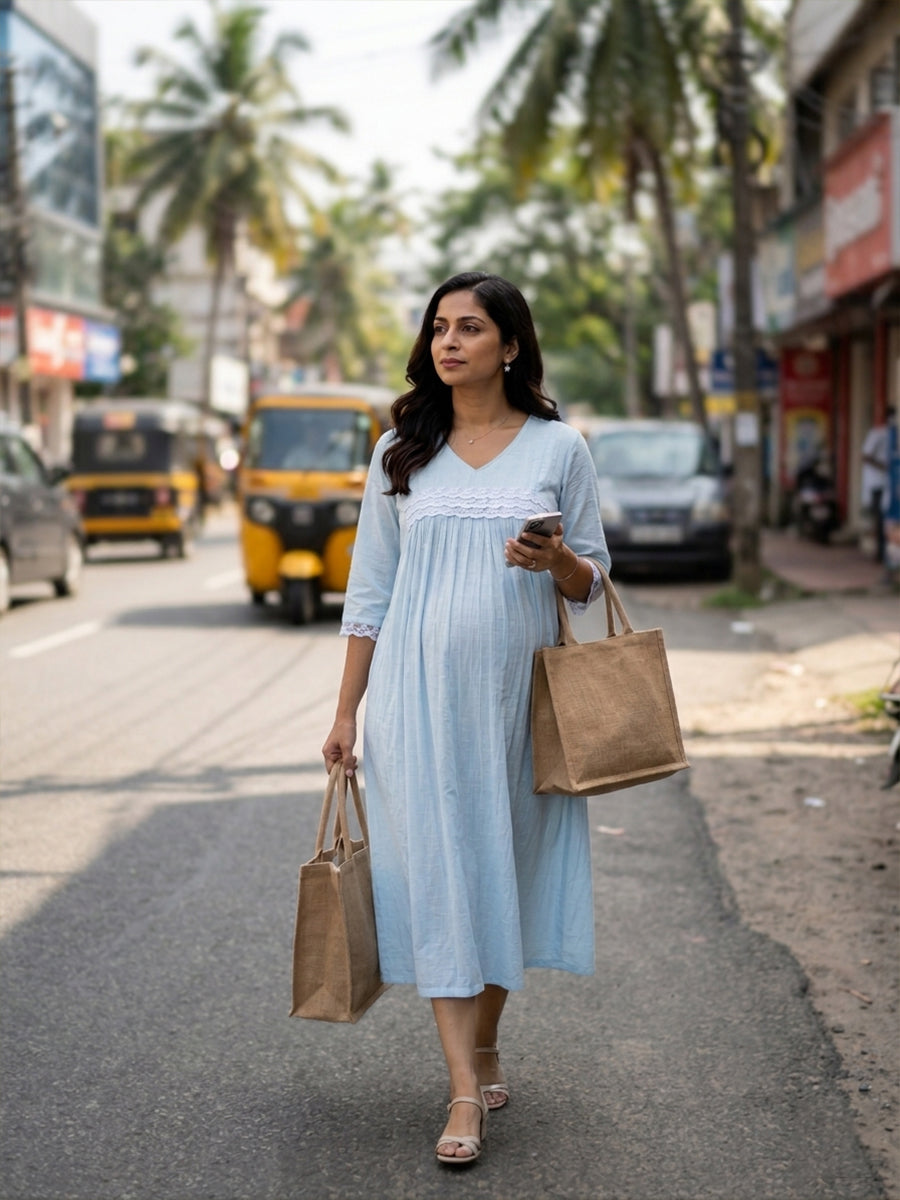 Ziva Maternity & Feeding Slub Grain Textured Dress with Invisible Feeding Zips, Crochet Lace Detailing & Pocket – Powder Blue