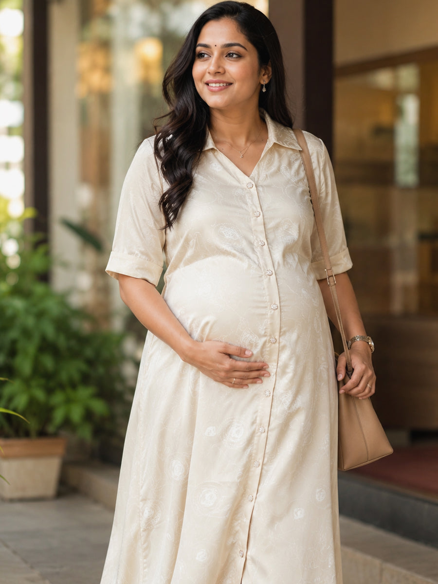 Ziva Maternity & Feeding Satin Shirt Dress with Full Open Front, Collar Neck & Pocket – Beige Printed