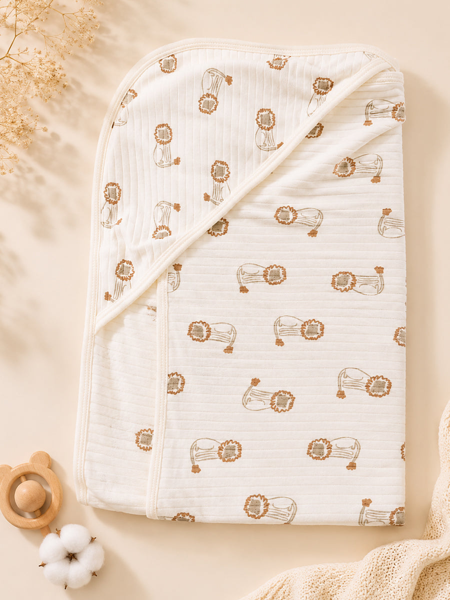 Ziva Baby Hooded Towel – Off White | Lion Cub Print | 100% Knitted Cotton