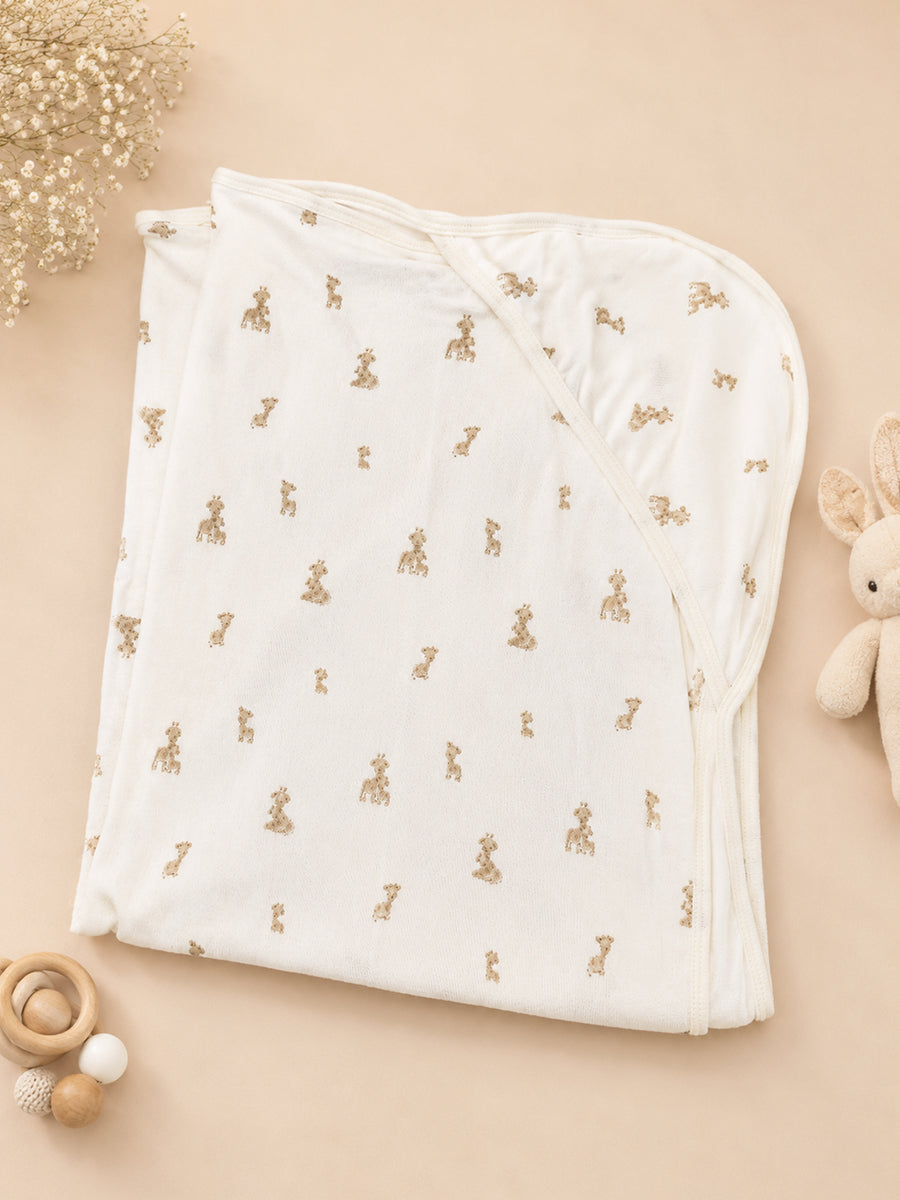 Ziva Baby Hooded Towel – Off White | Warm Taupe Beige Baby Giraffe Print | 100% Knitted Cotton