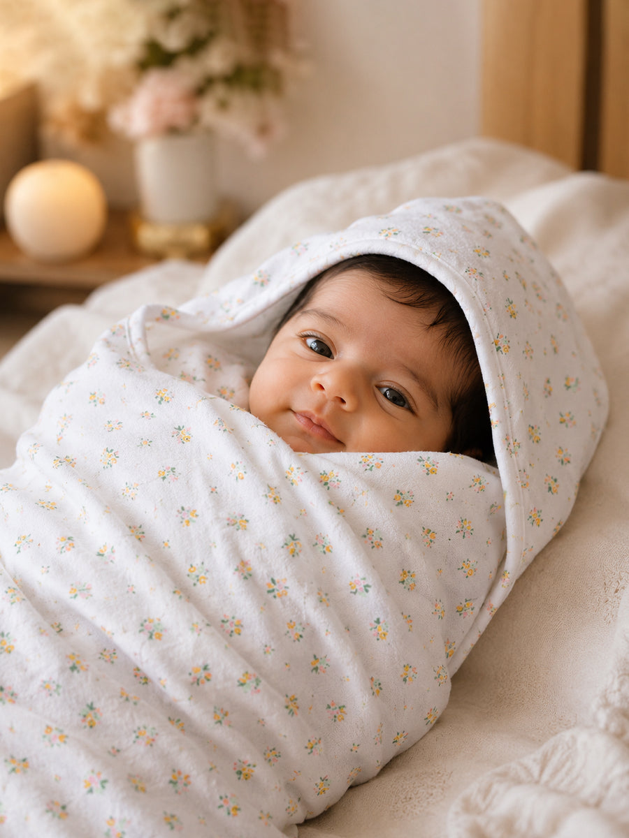 Ziva Baby Hooded Towel – White | Tiny Wildflower Bouquet Print | 100% Knitted Cotton