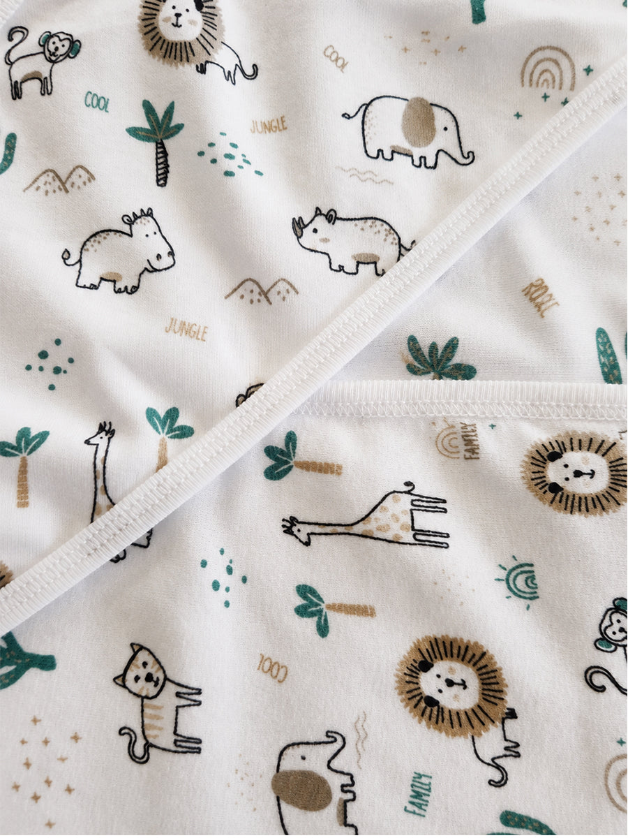 Ziva Baby Hooded Towel – Soft White | Jungle Safari Adventure Print | Soft Knitted Cotton