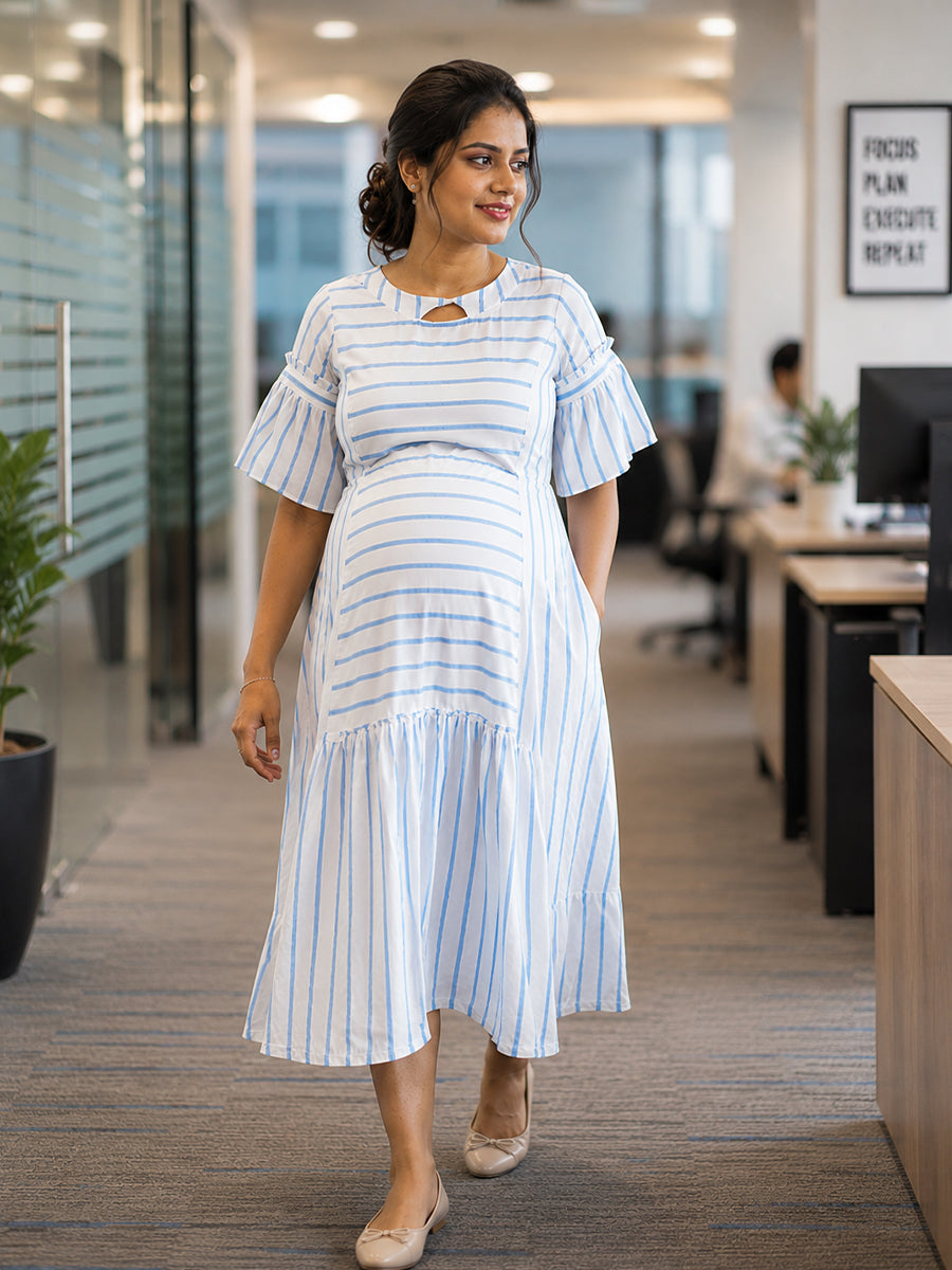 Ziva Maternity & Feeding Premium Rayon Dress with Decorative Neckline, Adjustable Side Ties & Pocket – White with Blue Stripes