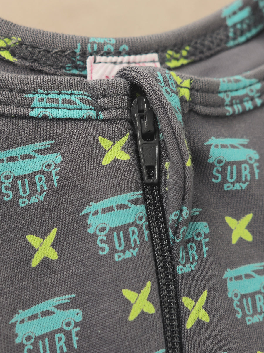 Ziva Knitted Cotton Baby Sleepsuit with Cap – Surf Day Print | Charcoal Grey