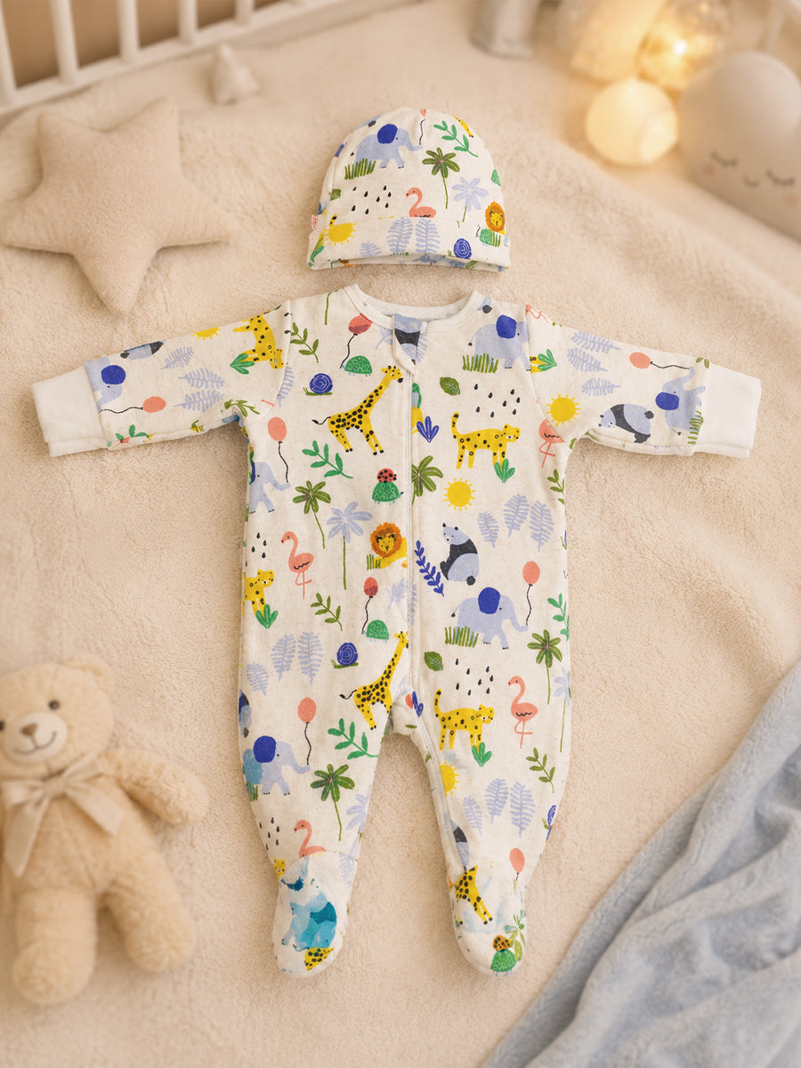 Ziva Knitted Cotton Baby Sleepsuit with Cap – Safari Animal Print | Ivory Cream