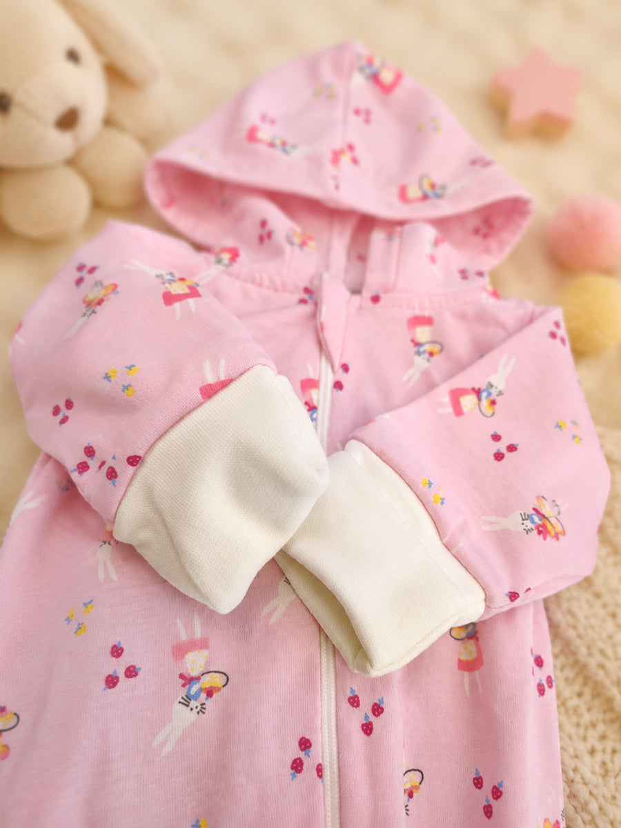 Ziva Hooded Knitted Cotton Baby Sleepsuit – Bunny Girl Print | Baby Pink