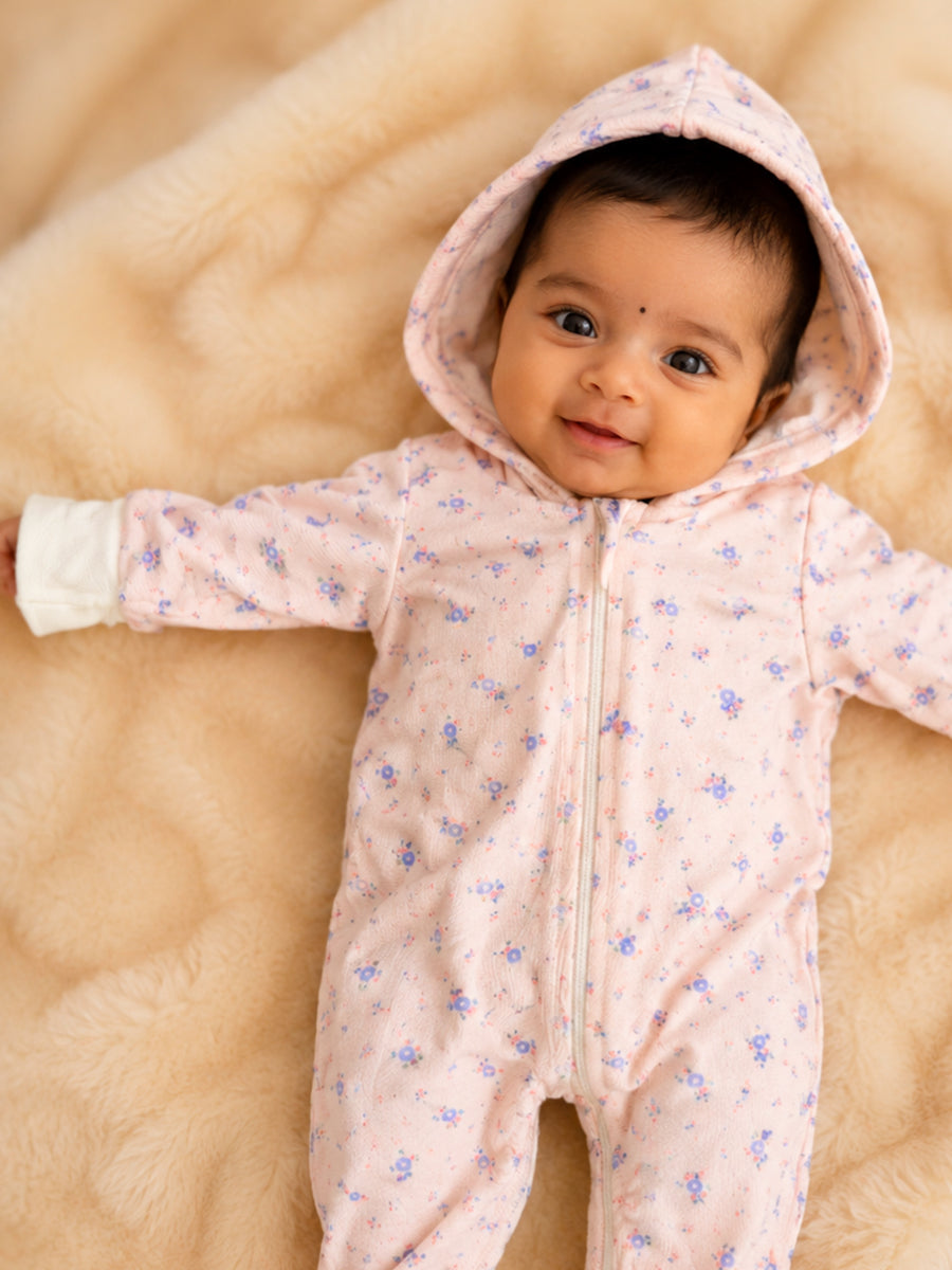 Ziva Hooded Knitted Cotton Baby Sleepsuit  – Tiny Lavender Floral Print | Soft Blush Pink