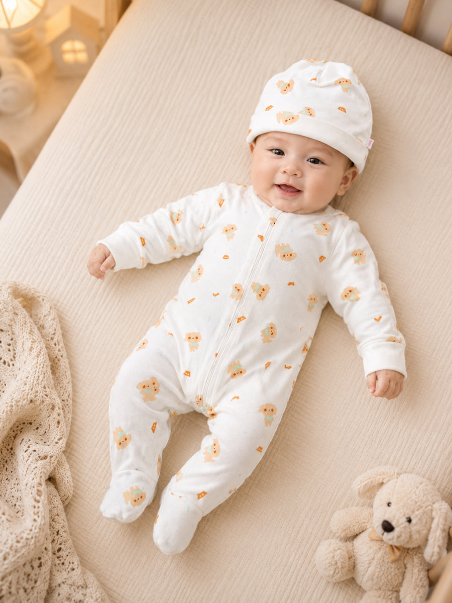 Ziva Knitted Cotton Baby Sleepsuit with Cap – Puppy Bear Print | Soft Ivory White