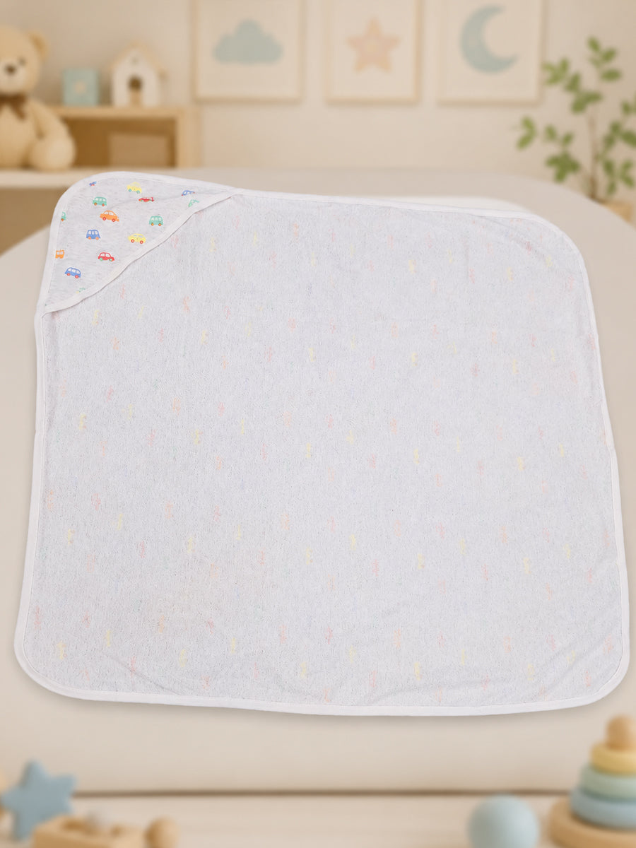 Ziva Baby Hooded Towel – Heather Grey | Tiny Multicolor Car Print | Knitted Cotton