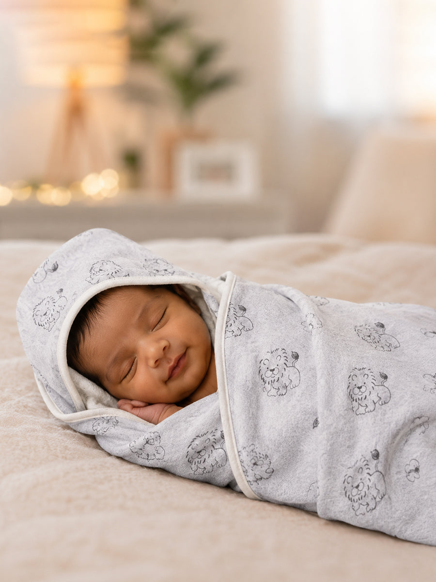 Ziva Baby Hood Towel – Grey Melange | Baby Lion Print | Knitted Cotton