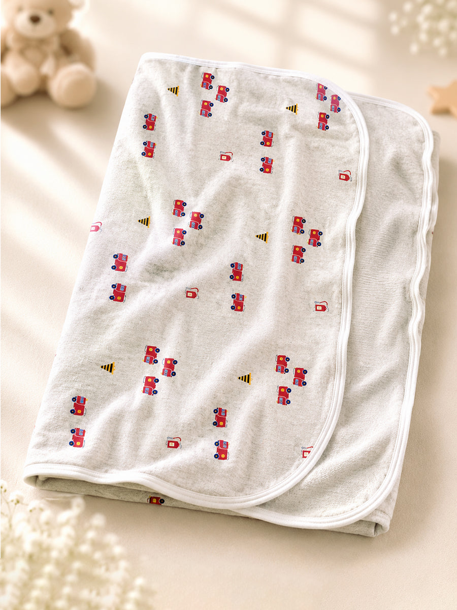 Ziva Baby Blanket – Heather Grey | Tiny Fire Truck & Road Safety Print | Knitted Cotton