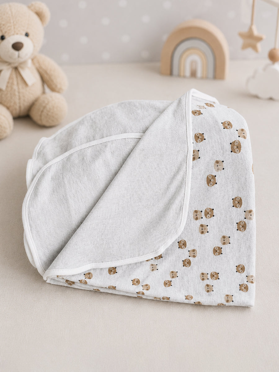 Ziva Baby Blanket – Grey Melange | Tiny Teddy Bear Print | Knitted Cotton