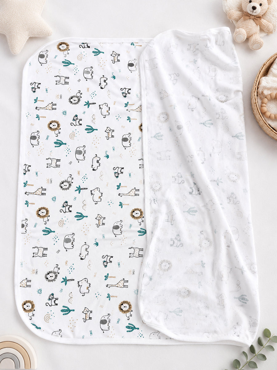 Ziva Baby Blanket – White | Tiny Safari Parade Print | Knitted Cotton