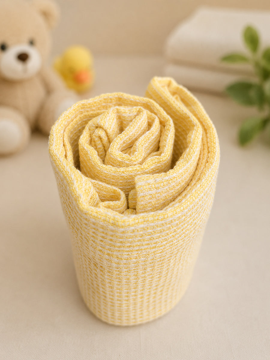 Ziva Baby Bath Towel – Soft Pastel Yellow | Cotton | Square Grid Cotton Weave