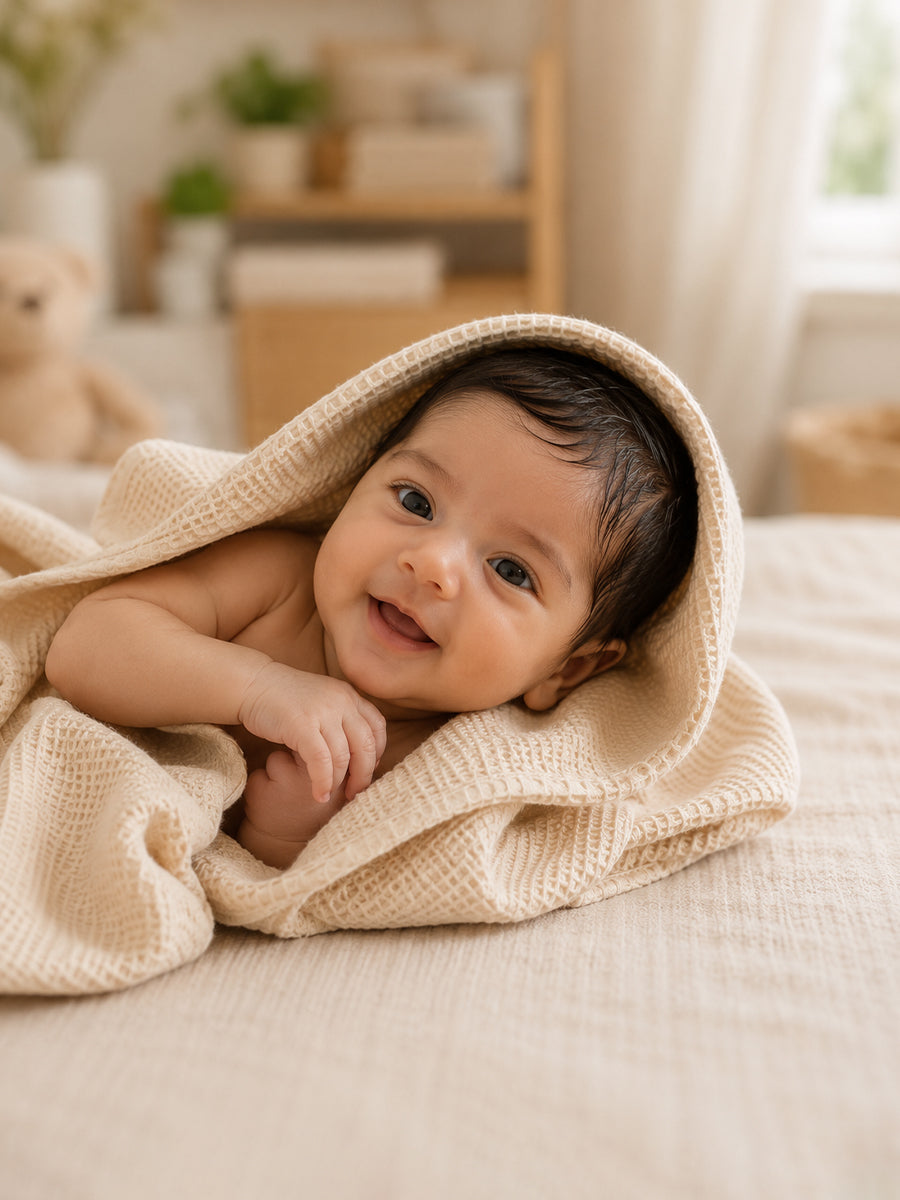 Ziva Baby Bath Towel – Cream Beige | Cotton | Square Grid Cotton Weave