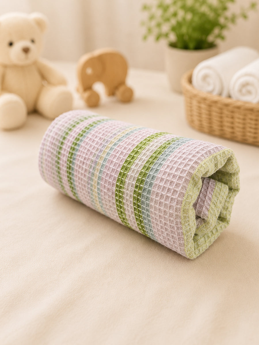 Ziva Baby Bath Towel – White | Sage Green & Dusty Blue Stripe Print | Cotton | Square Grid Cotton Weave