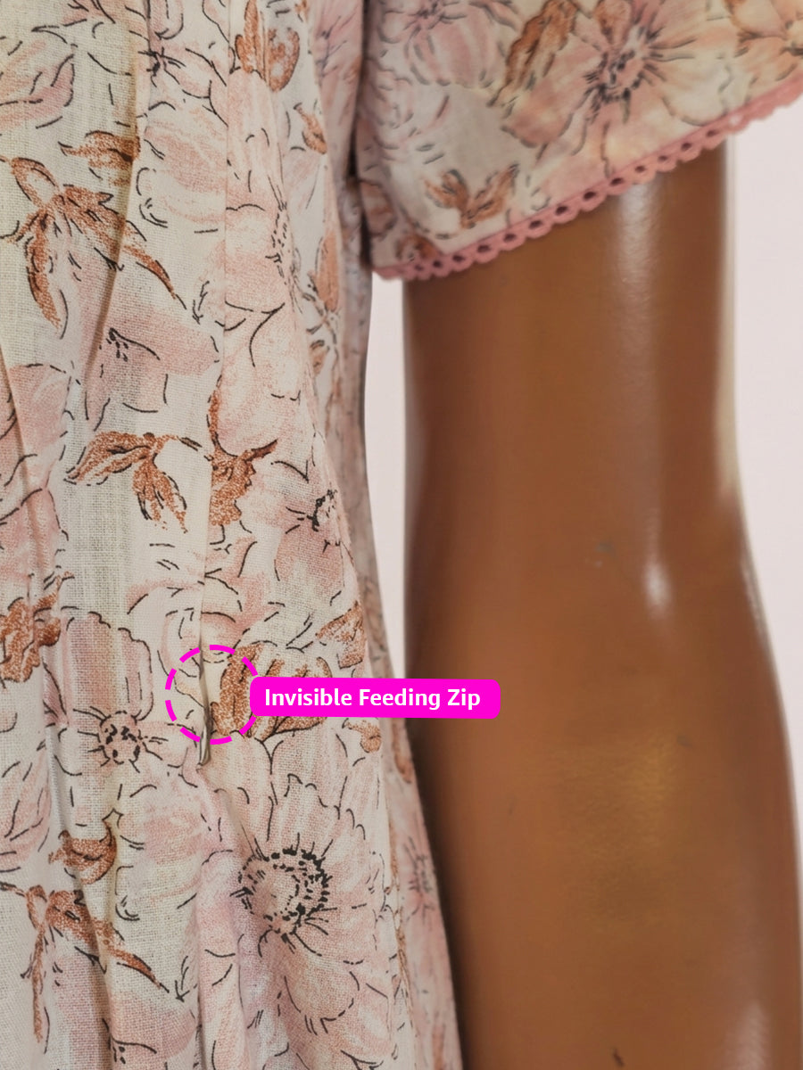 Ziva Cotton Maternity & Feeding Short Nighty with Pocket and Two Side Invisible Feeding Zips  – Pink & Light Brown Floral