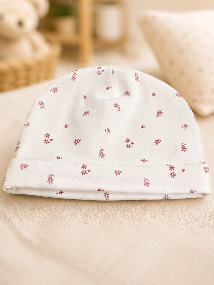 Ziva Baby Sleepsuit with Cap – Knitted Cotton Front Zip, Fold-Over Mittens & Integrated Booties | Sweet Meadow Floral Print