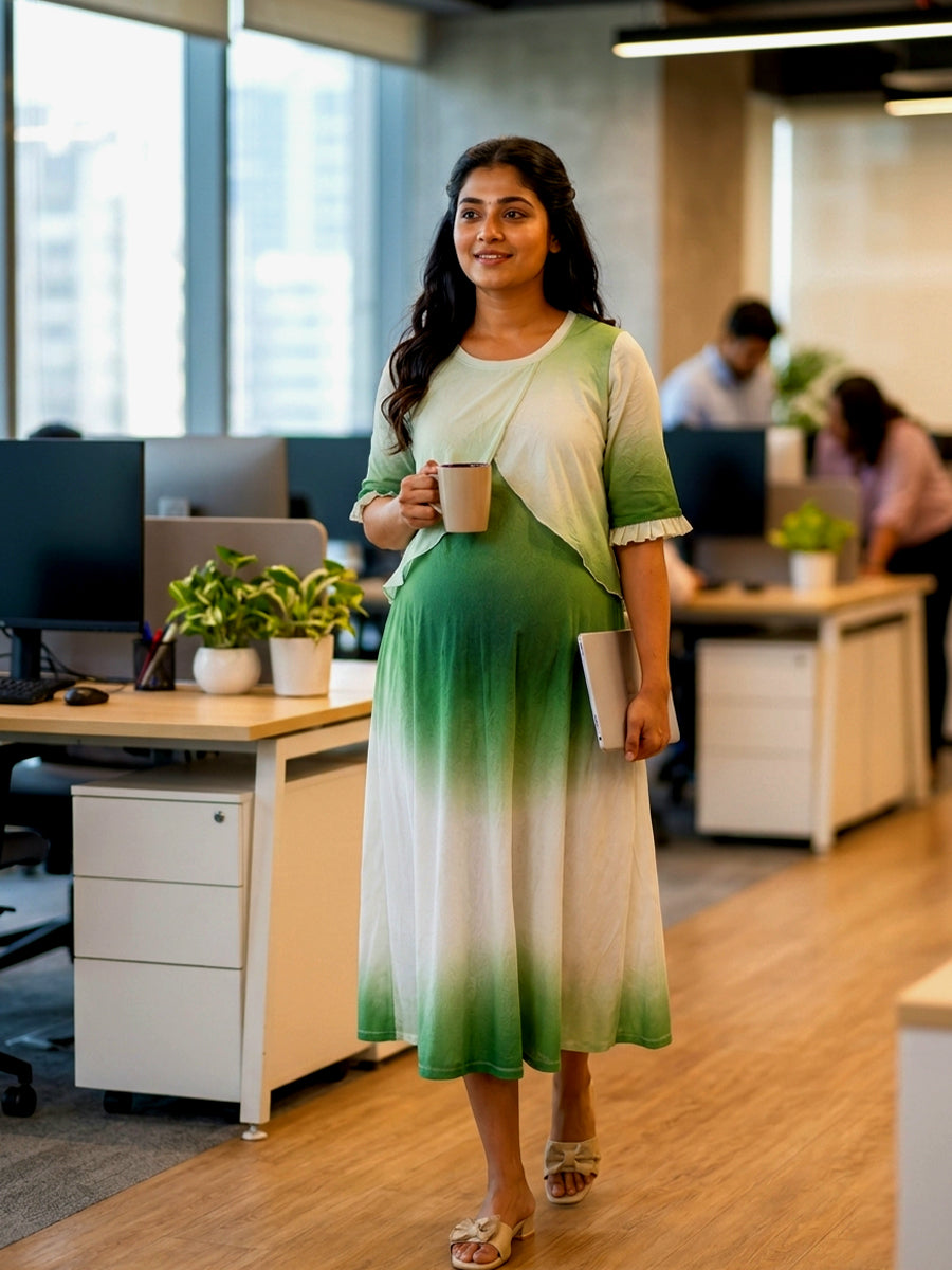 Ziva Maternity & Feeding Knitted Cotton Maxi Dress with Zipless Feeding Access & Pocket – Green Ombre Tie-Dye