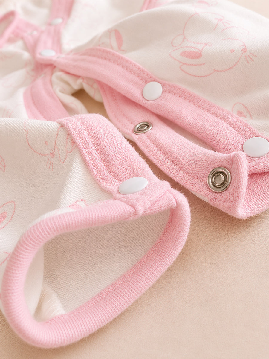 Ziva Baby Jumpsuit – Off White | Tiny Bunny Sketch Print | Premium Knitted Cotton | Front Open Snap Button