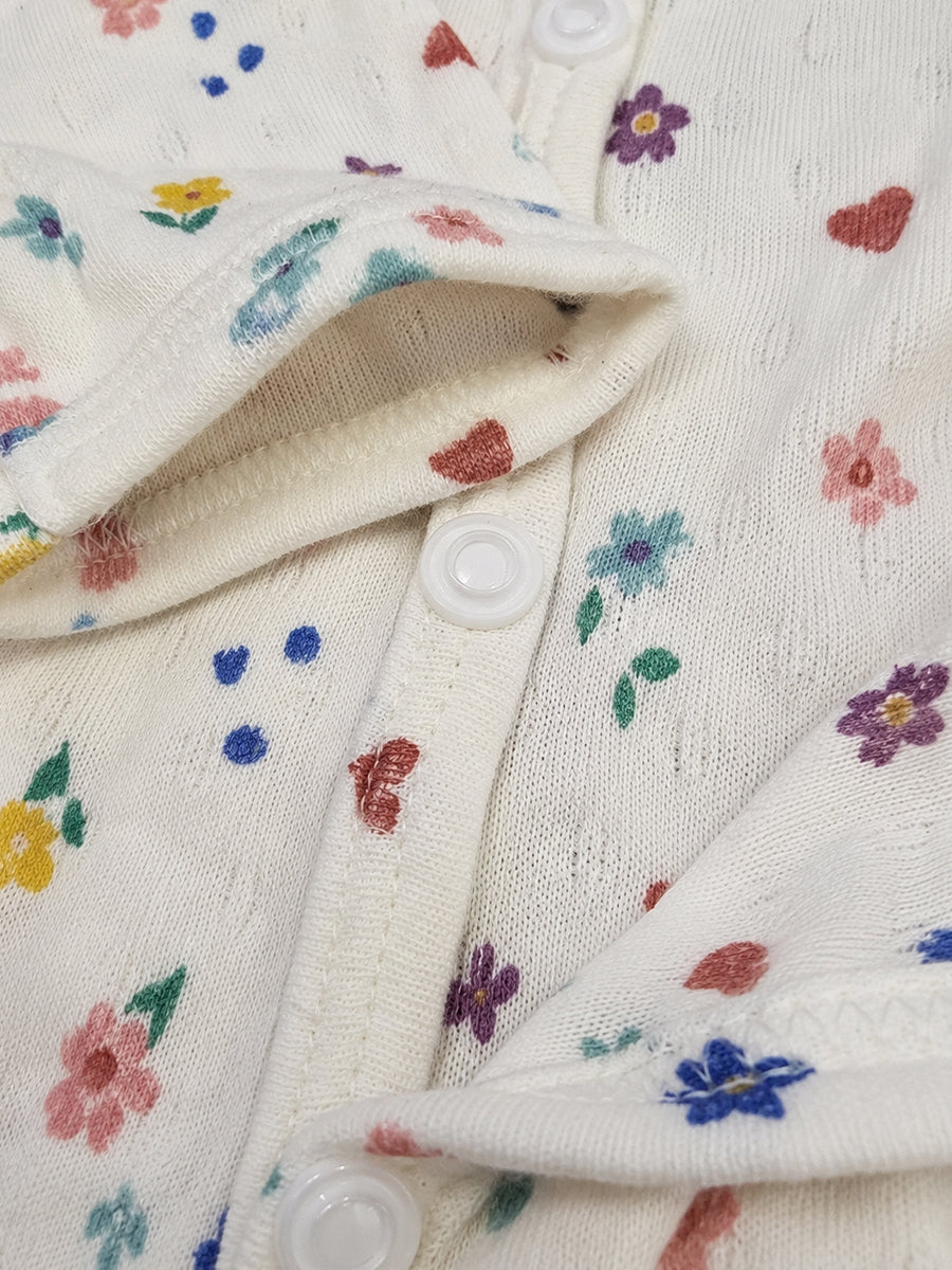 Ziva Baby Jumpsuit – Off White | Tiny Garden Hearts & Flowers Print | Premium Needle-Hole Knitted Cotton | Front Open Snap Button