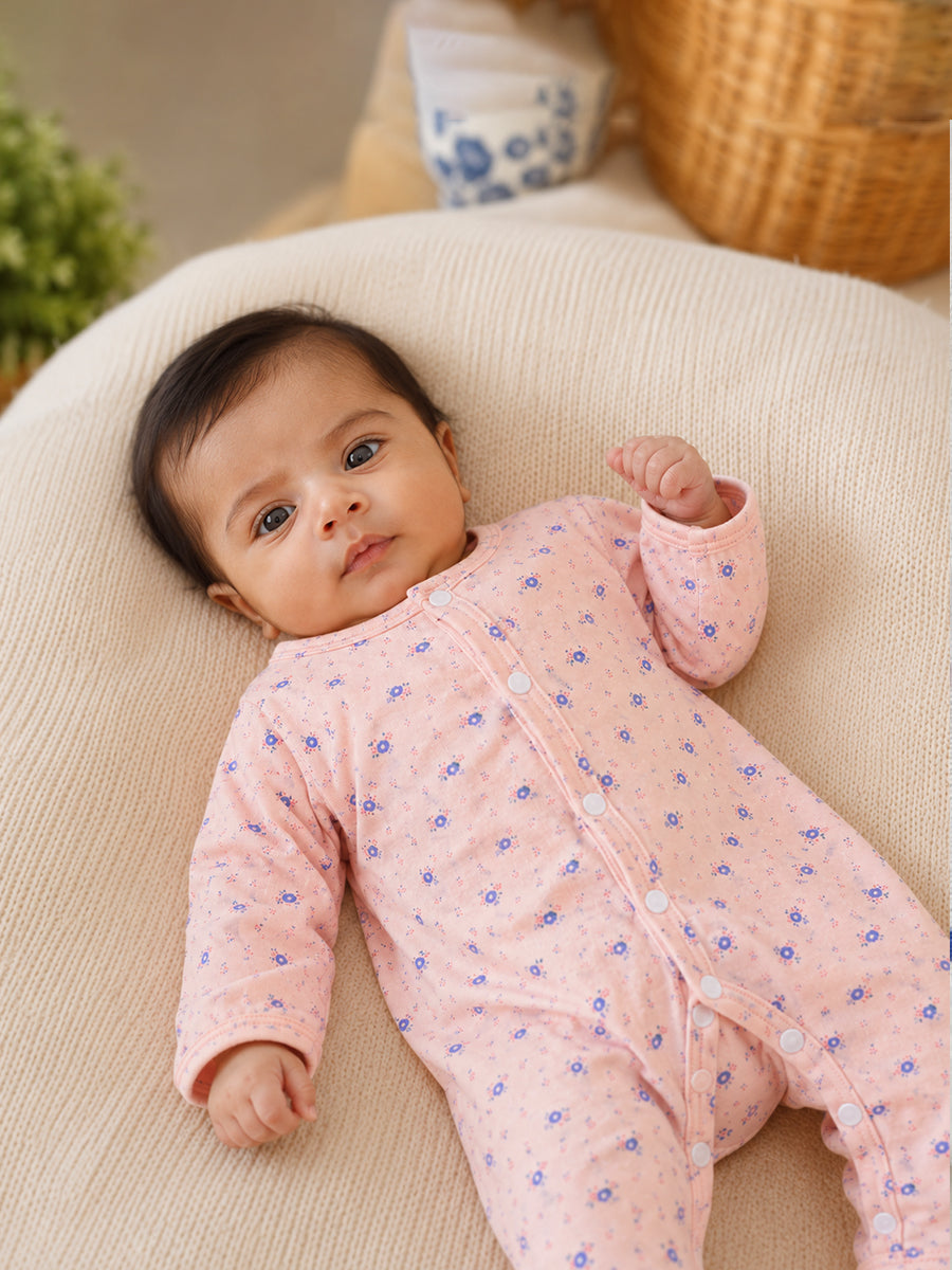 Ziva Baby Jumpsuit – Baby Rose Pink | Tiny Floral Blossom Print | Knitted Cotton | Front Open Snap Button