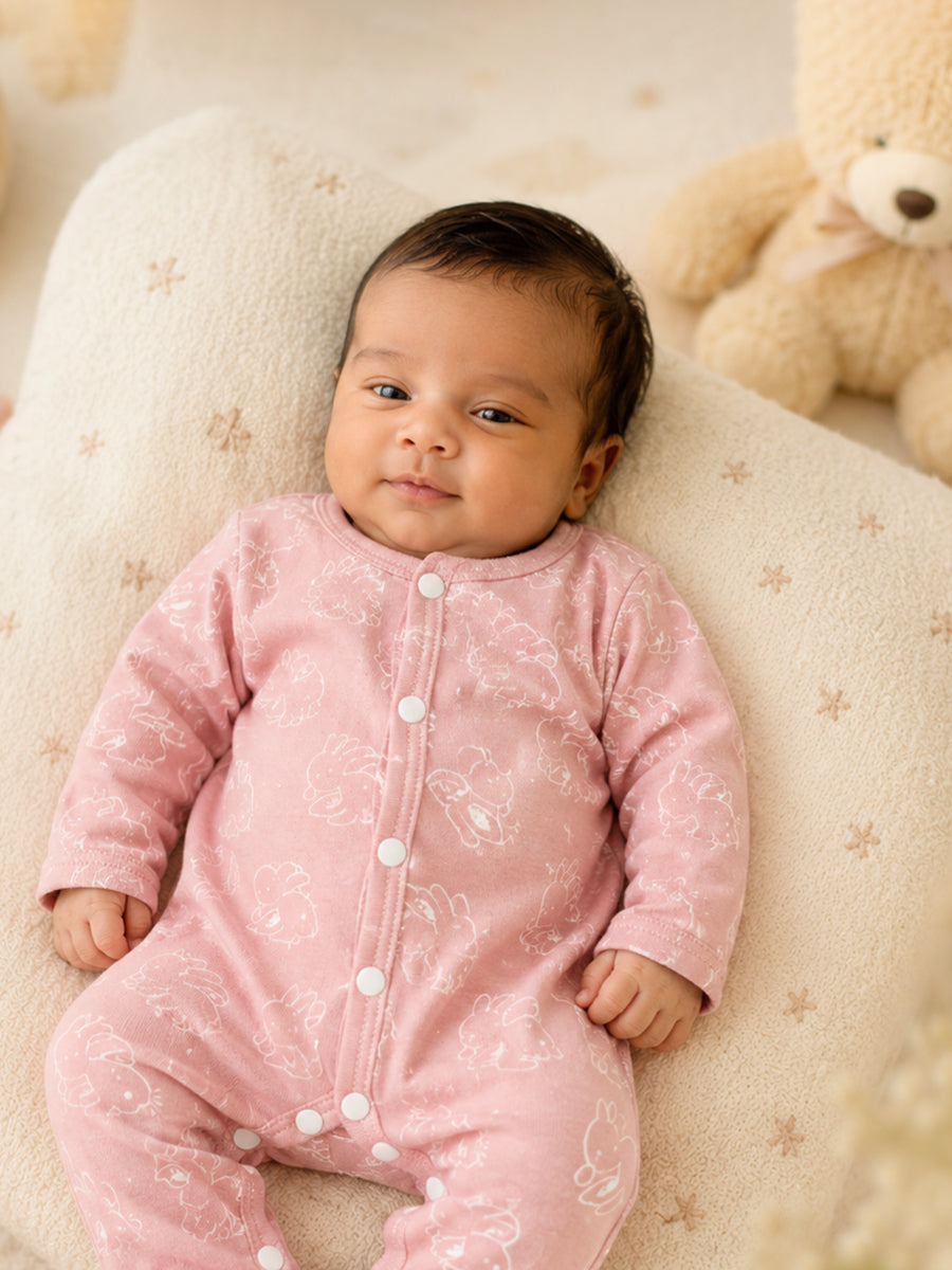 Ziva Baby Jumpsuit – Dusty Rose Pink | Bunny Print | Knitted Cotton | Front Open Snap Button