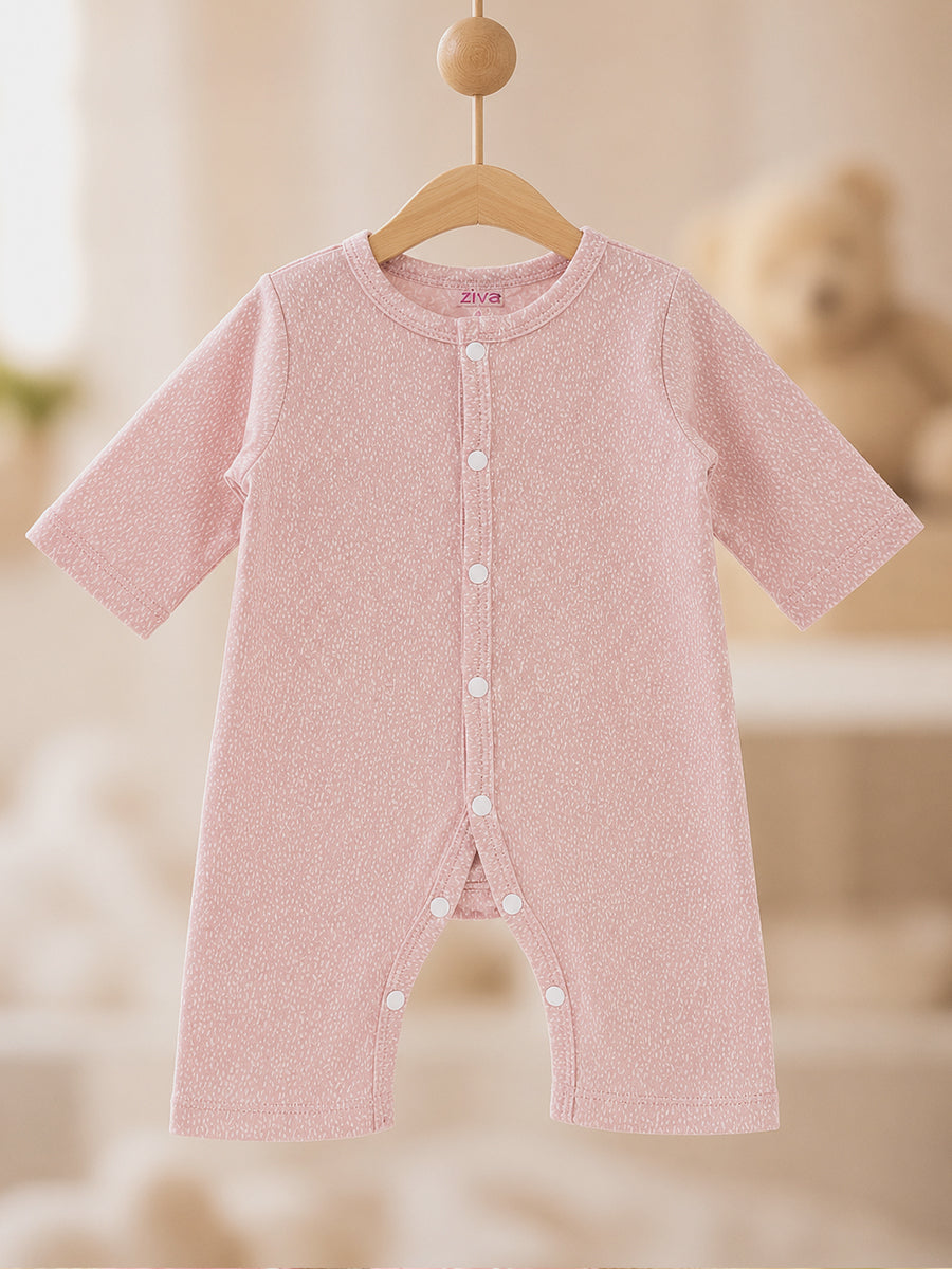 Ziva Baby Jumpsuit – Dusty Blush Pink | Tiny Confetti Sprinkle Print | Premium Knitted Cotton | Front Open Snap Button