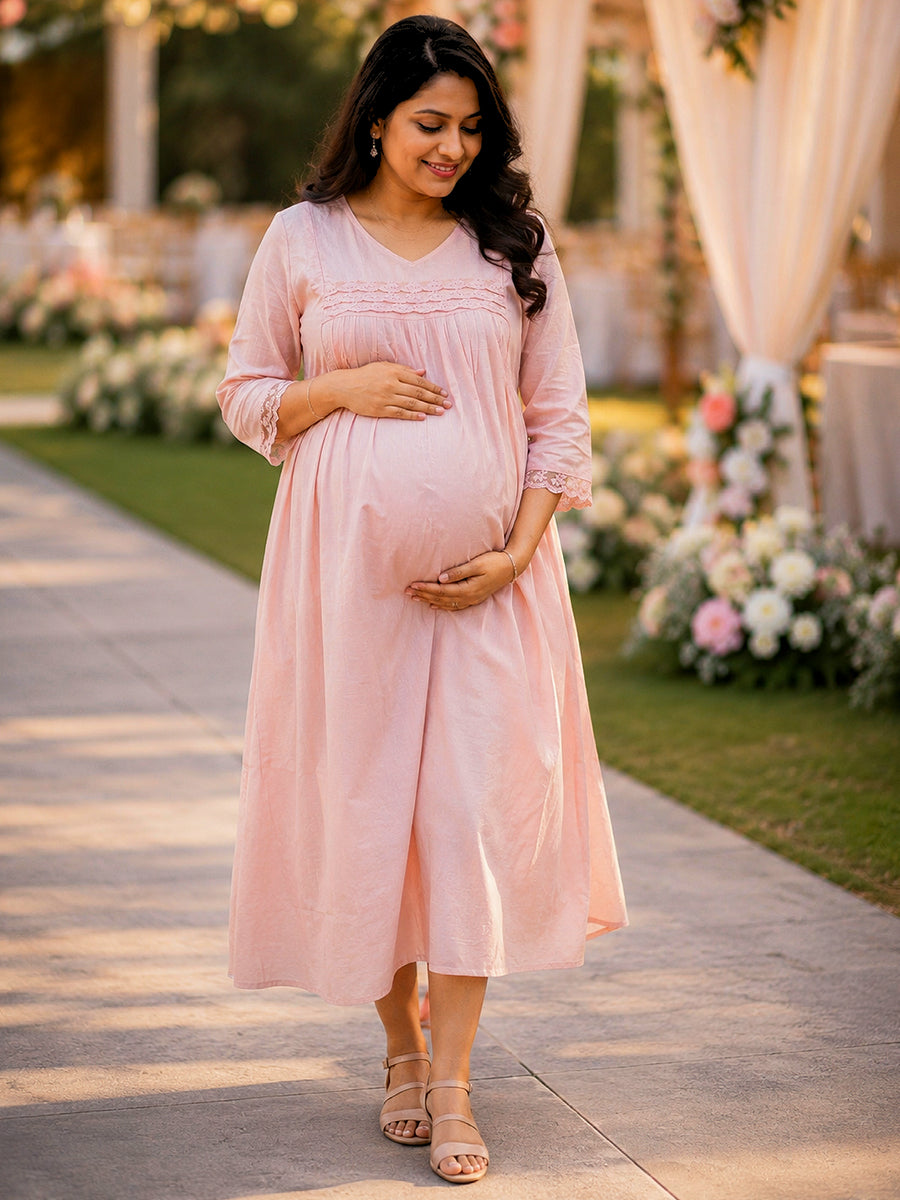 Ziva Maternity & Feeding Semi-Party Wear Dress with Crochet Lace, Invisible Feeding Zip & Pocket – Peach
