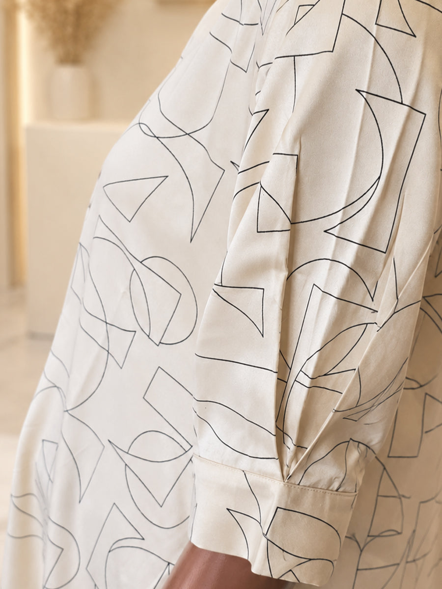 Ziva Maternity & Feeding Shirt Dress with Full Button Opening & Pocket – Beige Geometrical Print