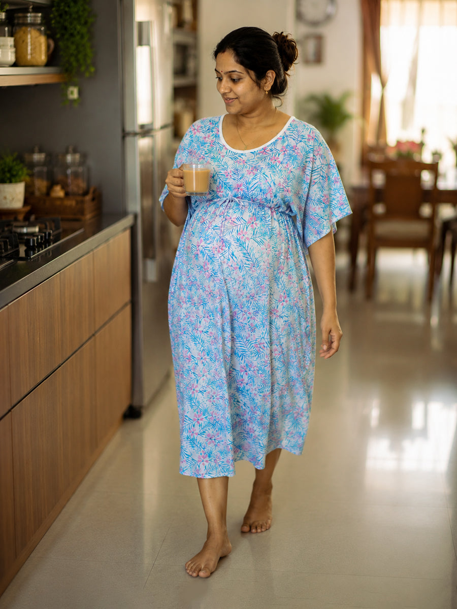 Ziva Maternity & Feeding Kaftan with Feeding Zip & Waist Tie – Mint Palm Blossom Print