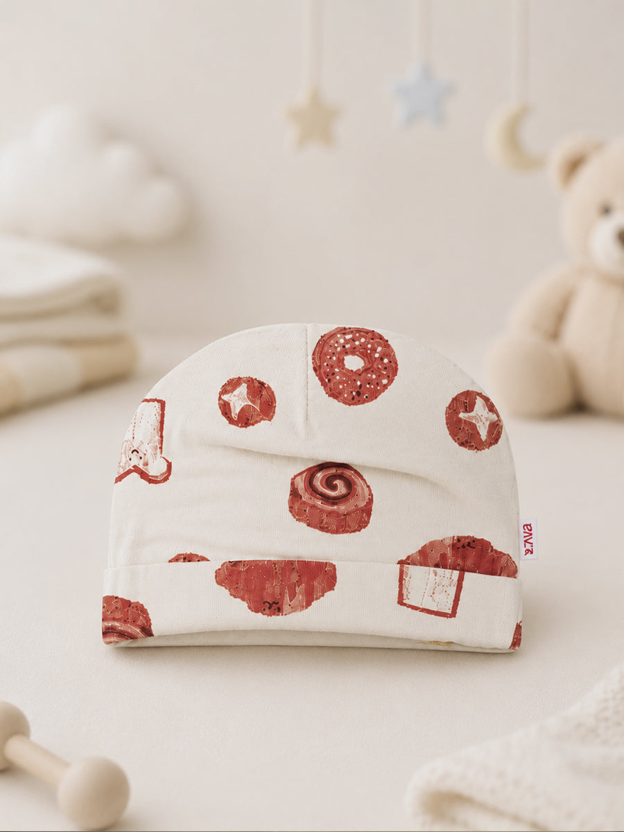 Ziva Baby Cap, Mitten & Bootie Set – Cream | Playful Bakery Print | Knitted Cotton