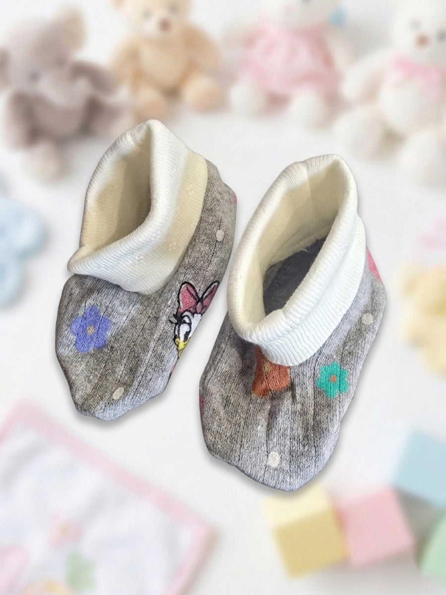 Ziva Baby Cap, Mitten & Bootie Set – Grey Melange | Daisy Duck & Multicolour Floral Print | Knitted Cotton
