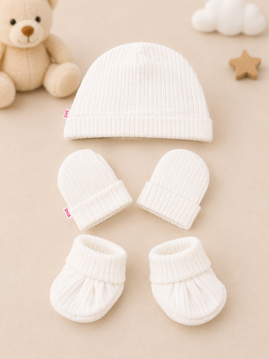 Ziva Baby Cap, Mitten & Bootie Set – Off White | Knitted Cotton