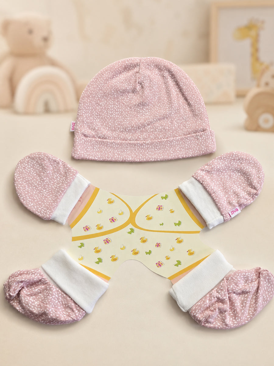 Ziva Baby Cap, Mitten & Bootie Set – Dusty Blush Pink | Tiny Confetti Sprinkle Print | Knitted Cotton