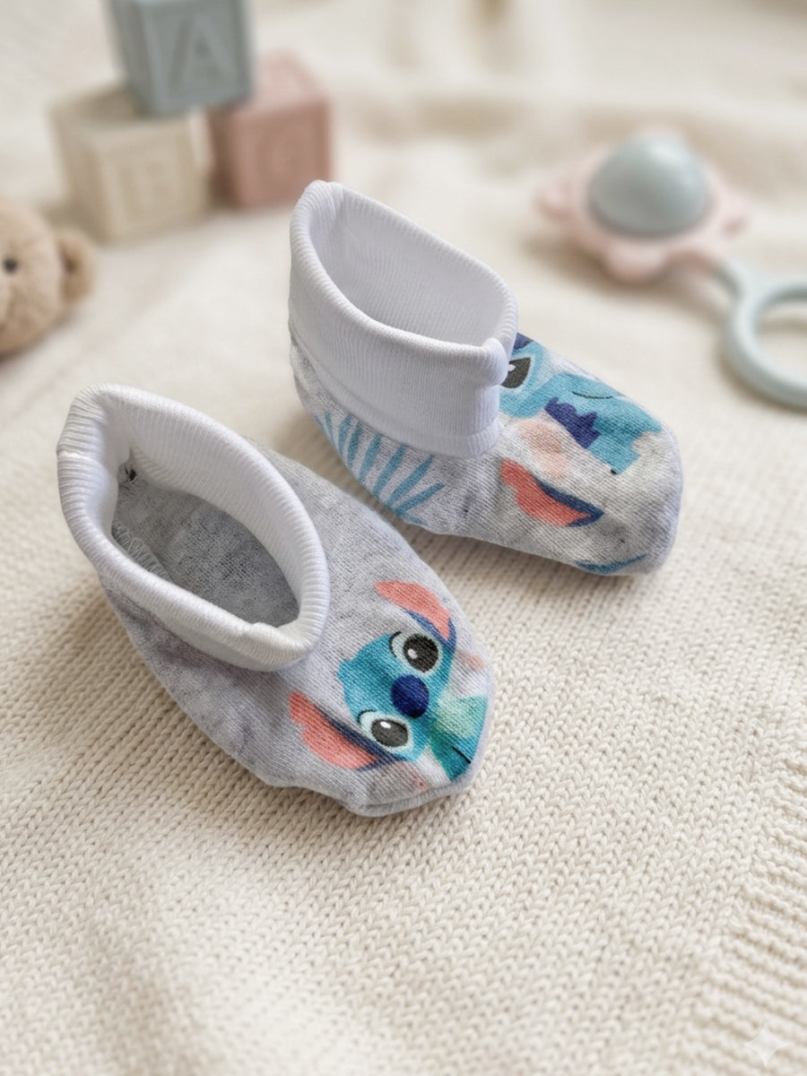 Ziva Baby Cap, Mitten & Bootie Set – Heather Grey & Sky Blue | Cartoon Character & Tropical Leaf Print | Knitted Cotton