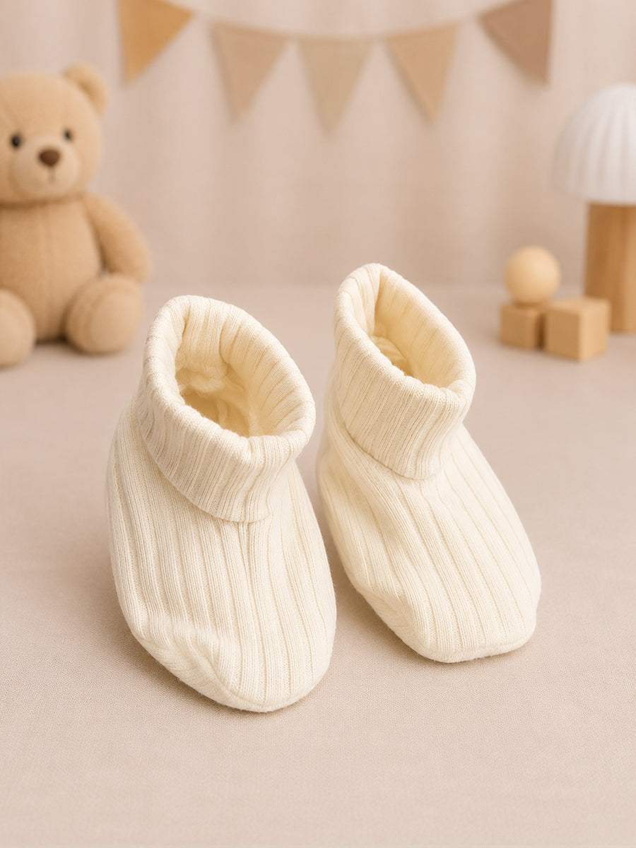 Ziva Baby Cap, Mitten & Bootie Set – Cream Yellowish | Knitted Cotton