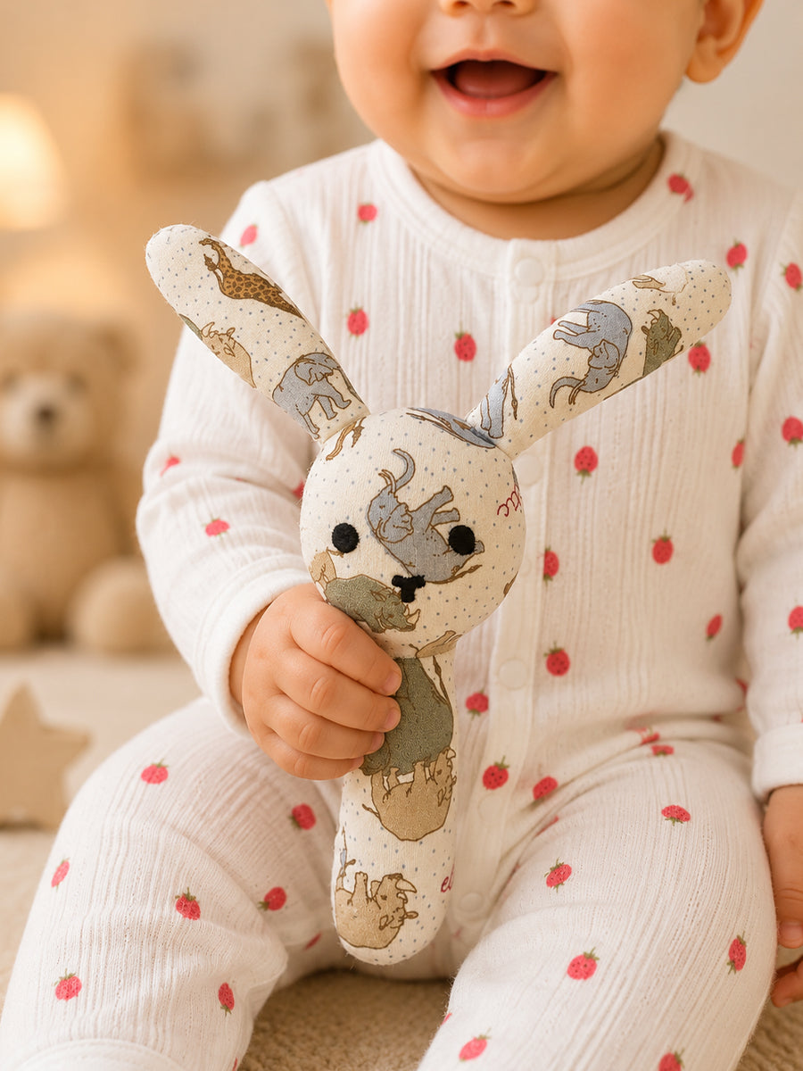 Ziva Baby Organic Cotton Bunny Hand Rattle – Cream | Safari Animal Print