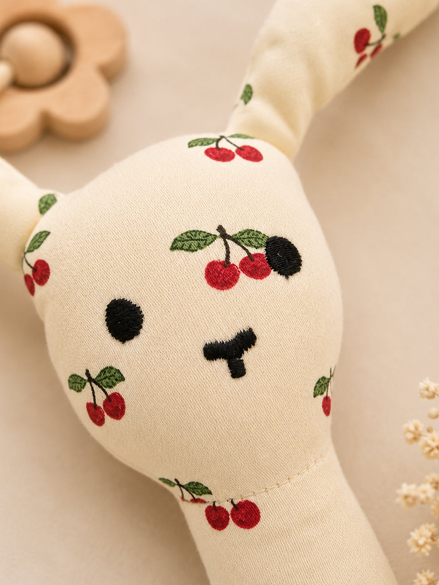 Ziva Baby Organic Cotton Bunny Hand Rattle – Cream | Cherry Fruit Print